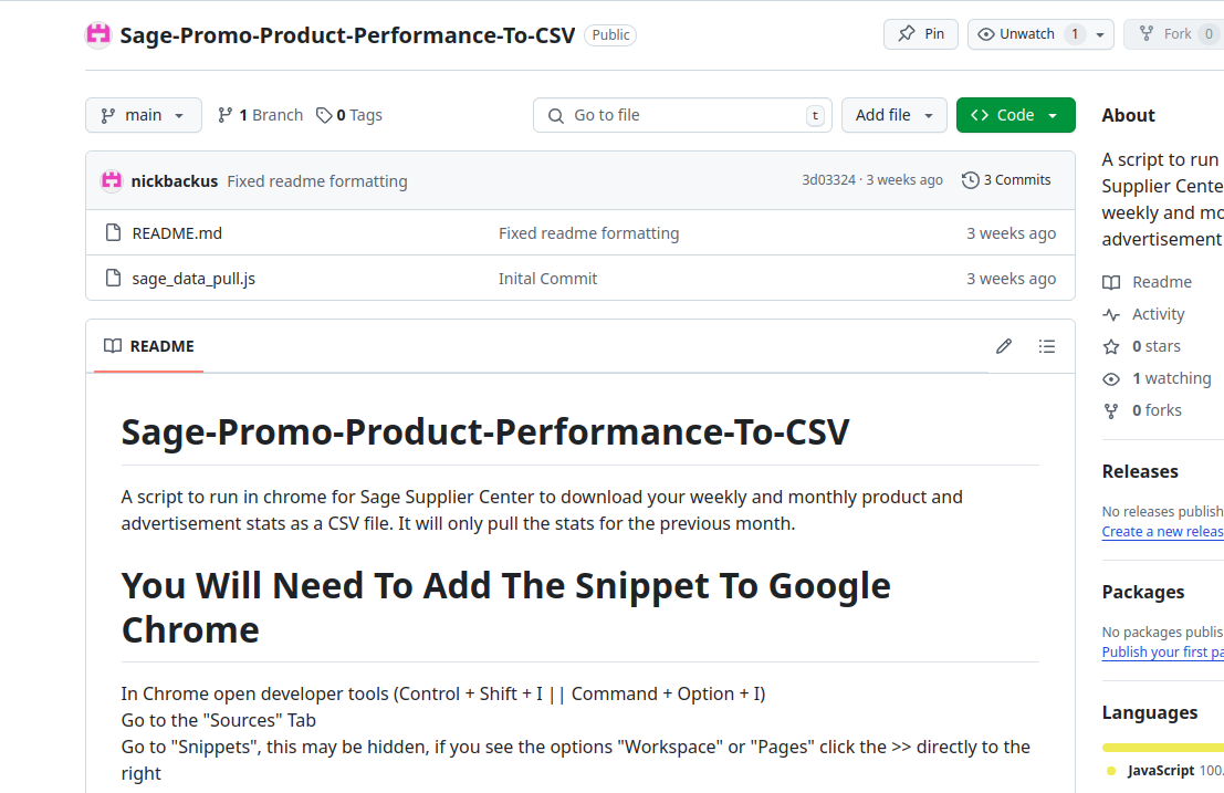 Sage Promo Product Proformance To CSV  project image